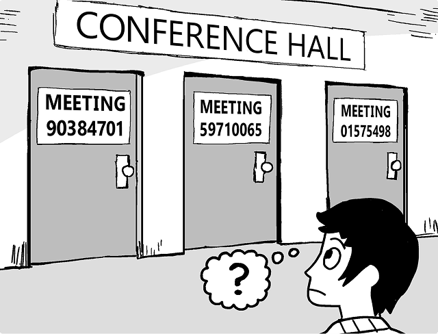 Person confused at a conference hall by meeting rooms with vague labels like “Meeting 12345”