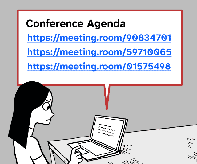 An illustration of a person frowning at a list of URLs for meeting rooms, which are difficult to distinguish.