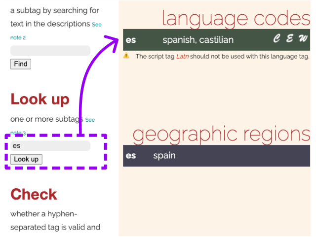 Screenshot of the results for “ed” when you use Look Up. Language code “es” and geographic region “es” is shown
