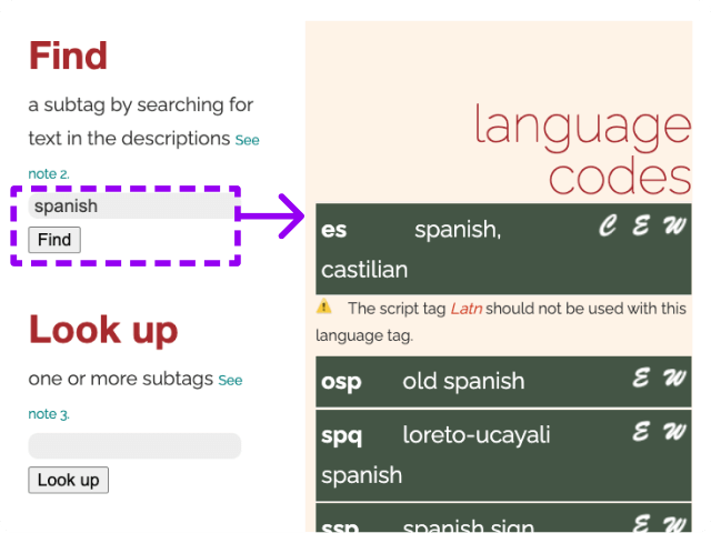 Screenshot of the results for “spanish” when you use Find. It shows multiple results for language code
