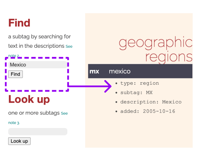 Screenshot of the results for “Mexico” when you use Find. It shows the expanded result for MX, the region